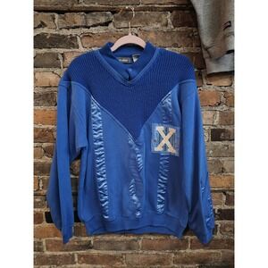 Vintage Mark Elliot Sweatshirt Mens Large Blue Snap Mock Neck Satin Fleece 80s